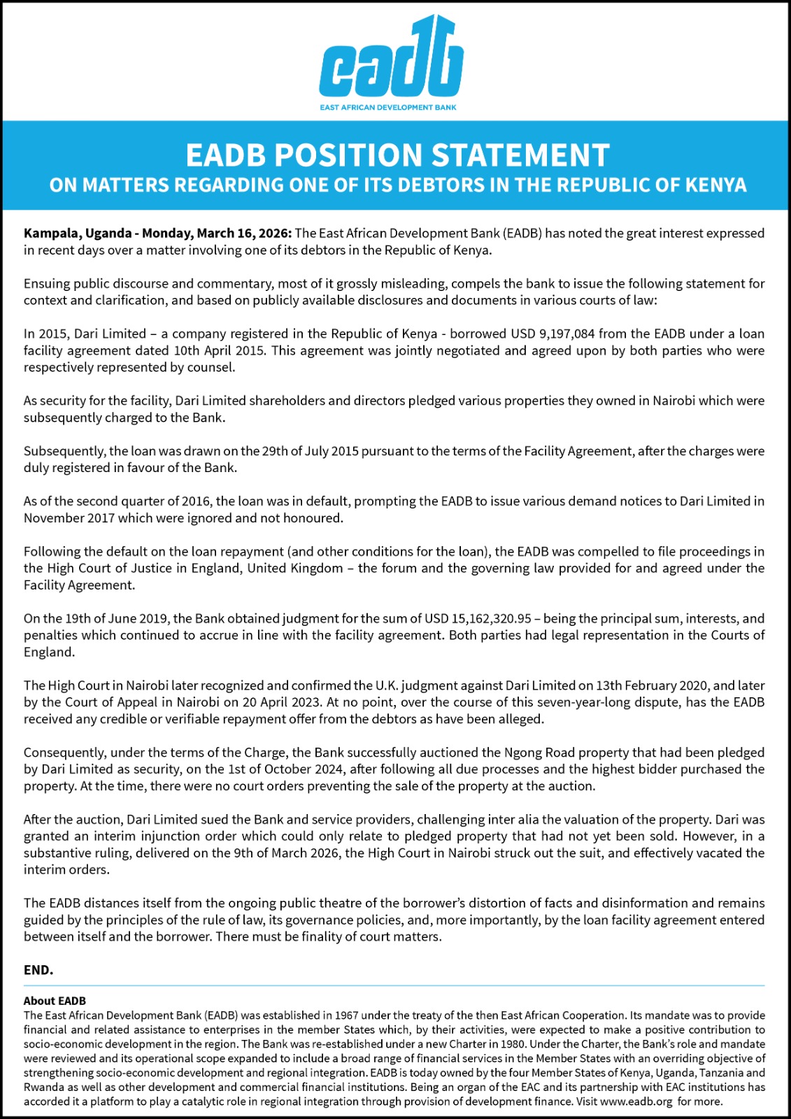 EADB Position Statement on Matters Regarding One of Its Debtors in the Republic of Kenya